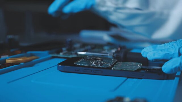 A close-up view of a technician wearing black gloves holding a computer processor chip while working on a laptop motherboard with a precision screwdriver.