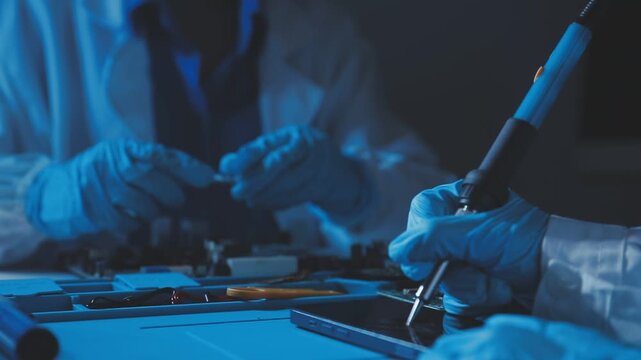 A close-up view of a technician wearing black gloves holding a computer processor chip while working on a laptop motherboard with a precision screwdriver.