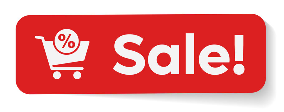 Modern red sale label with shopping cart and percent icon in flat vector style. Retail ecommerce discount banner isolated on transparent background for online store promotion"