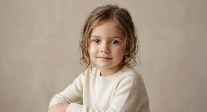 Studio portrait of a beautiful gentle little girl with curly hair smiling and looking at the camera on a neutral beige background, childhood and purity concept