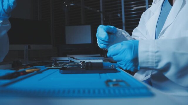 A close-up view of a technician wearing black gloves holding a computer processor chip while working on a laptop motherboard with a precision screwdriver.
