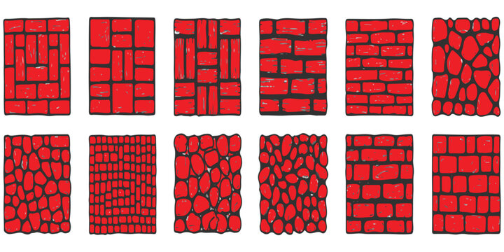 Set of various red brick and stone wall patterns and textures in hand drawn style