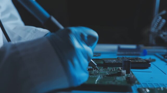 A close-up view of a technician wearing black gloves holding a computer processor chip while working on a laptop motherboard with a precision screwdriver.
