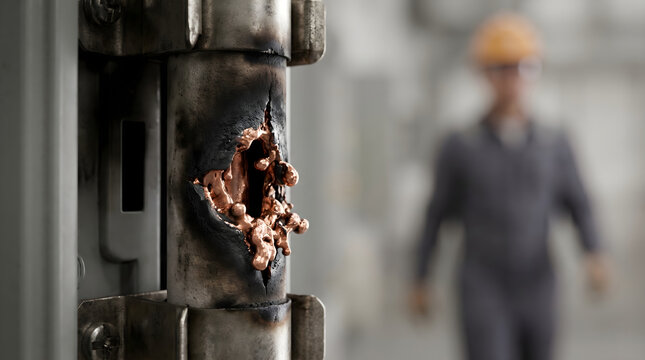 Melted copper electrical fuse after short circuit failure in industrial panel showing severe thermal damage and burn mark.