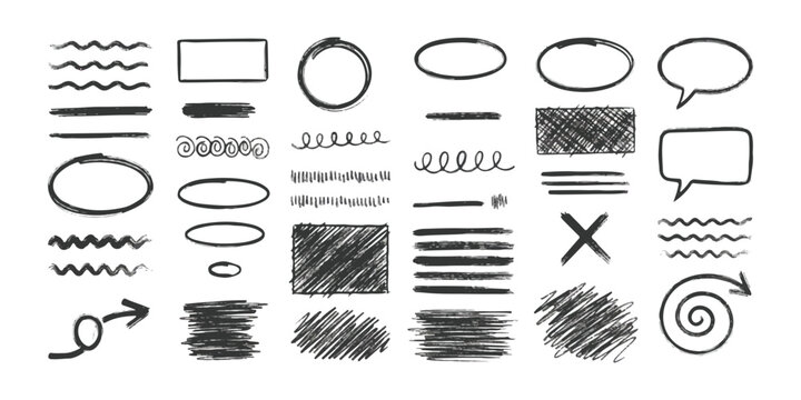 Set of hand drawn pencil scribble shapes lines circles arrows and speech bubbles for design