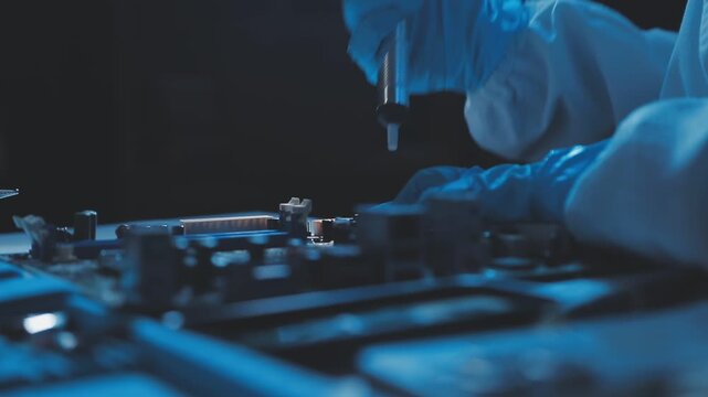 A close-up view of a technician wearing black gloves holding a computer processor chip while working on a laptop motherboard with a precision screwdriver.