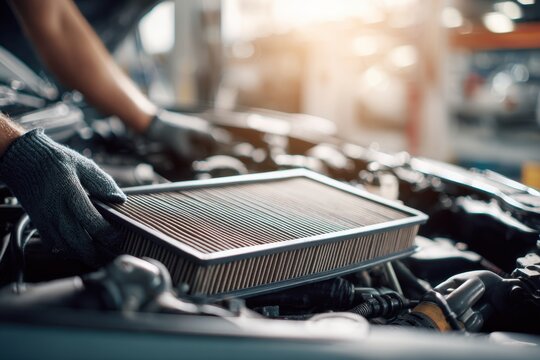 Person wearing gloves installing a new air filter into a car engine compartment during a routine vehicle maintenance service with soft natural lighting
