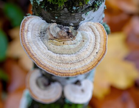 Bracket fungus growing on a tree trunk in autumn forest.
