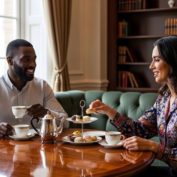 A couple enjoying a delightful afternoon tea in a luxurious library setting. They are seated at a polished wooden table, with a silver teapot and a tiered stand filled with pastries.