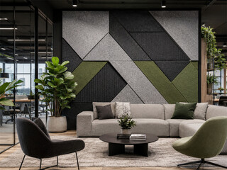 Contemporary office lounge with geometric acoustic wall panels soft seating plants and glass partitions creating a stylish collaborative space with sound control and modern workplace design