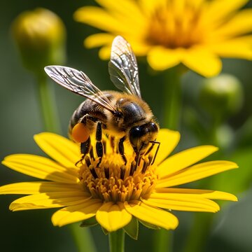 A close-up of a bee gathering pollen from a bright yellow flower. The bee has visible pollen baskets on its legs, and its wings are iridescent.