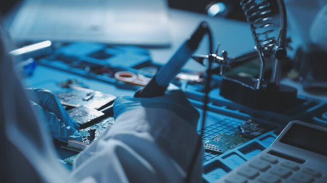 A close-up view of a technician wearing black gloves holding a computer processor chip while working on a laptop motherboard with a precision screwdriver.