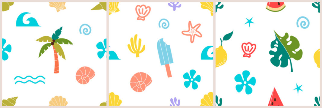 Abstract coastal ocean doodle patterns collection. Trendy hand-drawn vector set with seashells, starfish, mollusks, coral, seaweed and marine elements. Beach season inspired abstract shapes