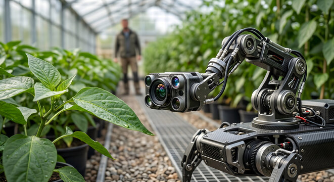 Smart agriculture robot with advanced camera system monitoring plant health in modern greenhouse environment.