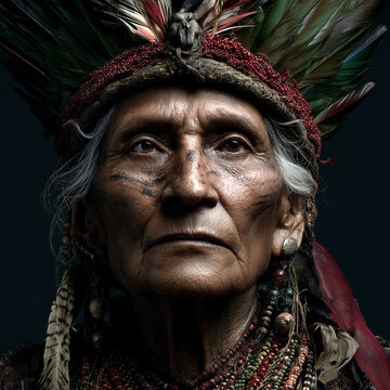 A powerful portrait of an elderly indigenous leader wearing a large feather headdress.