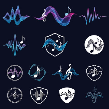 Music notes and sound wave icons.