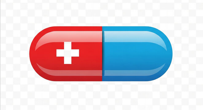 Medical capsule pill with a red and blue glossy finish