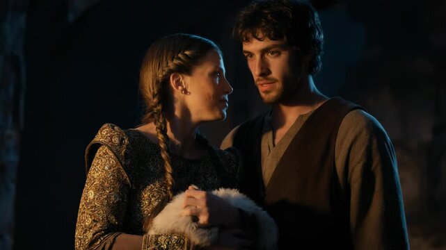 Biblical Rebekah and her son Jacob plotting with animal fur. Mother helping son prepare to receive the blessing. Old Testament deception concept