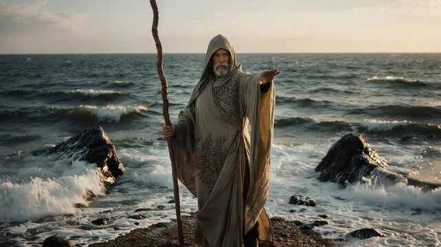 Moses stretching out his hand and staff over the Red Sea. Biblical prophet commanding the ocean waves to part.