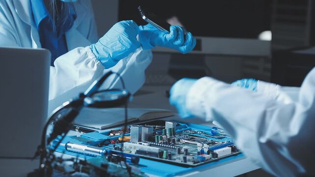 A close-up view of a technician wearing black gloves holding a computer processor chip while working on a laptop motherboard with a precision screwdriver.