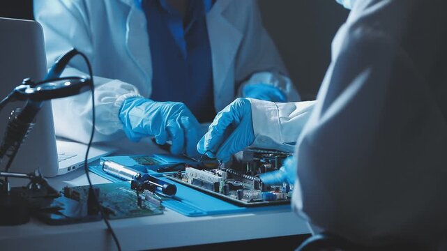 A close-up view of a technician wearing black gloves holding a computer processor chip while working on a laptop motherboard with a precision screwdriver.