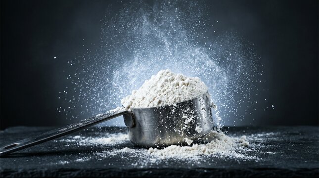 A metal cup overflowing with flour spilling out onto a dark surface