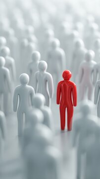 Red figure standing out prominently among a crowd of identical white figures symbolizing individuality and uniqueness in a group setting