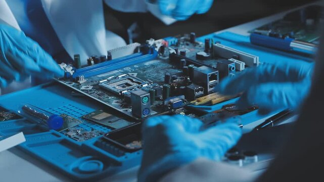 A close-up view of a technician wearing black gloves holding a computer processor chip while working on a laptop motherboard with a precision screwdriver.