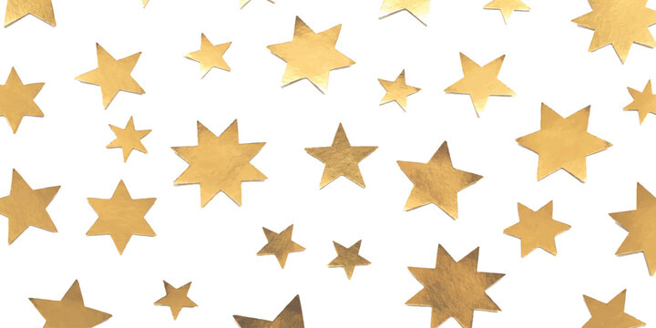 Shiny gold paper stars scattered as festive confetti elements for celebration and holiday decor