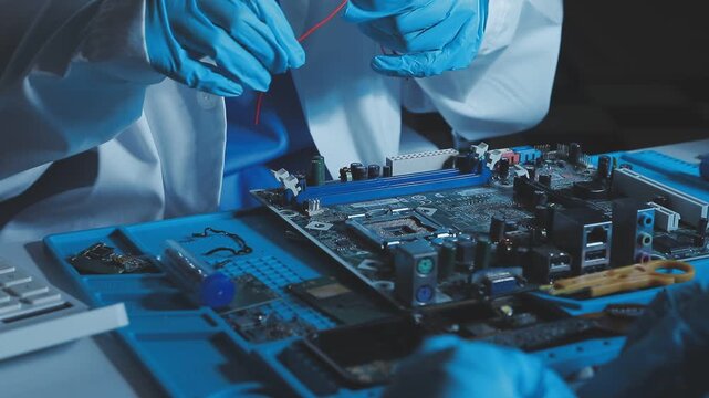 A close-up view of a technician wearing black gloves holding a computer processor chip while working on a laptop motherboard with a precision screwdriver.