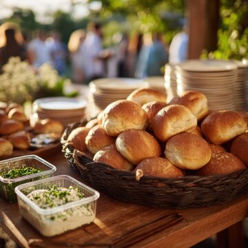 Freshly baked dinner rolls in a woven basket served with herb-spread condiments on a wooden table at an outdoor gathering event in warm natural light