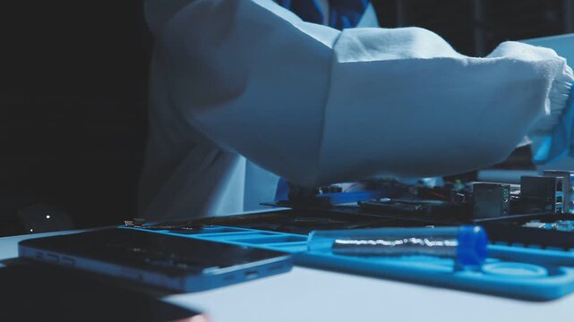 A close-up view of a technician wearing black gloves holding a computer processor chip while working on a laptop motherboard with a precision screwdriver.