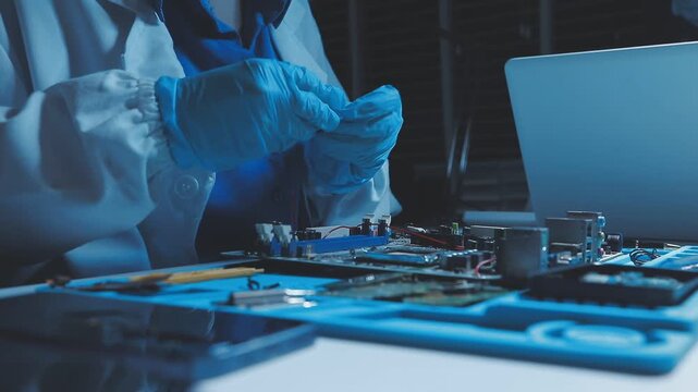 A close-up view of a technician wearing black gloves holding a computer processor chip while working on a laptop motherboard with a precision screwdriver.