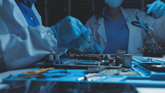 A close-up view of a technician wearing black gloves holding a computer processor chip while working on a laptop motherboard with a precision screwdriver.