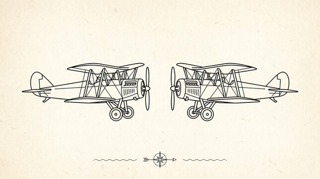 Two vintage biplanes are depicted in a classic illustration style showing the front and side views