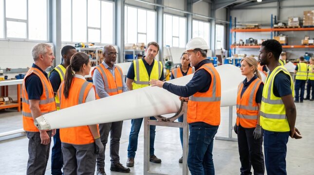 Factory manager explaining wind turbine blade production process to group of diverse workers