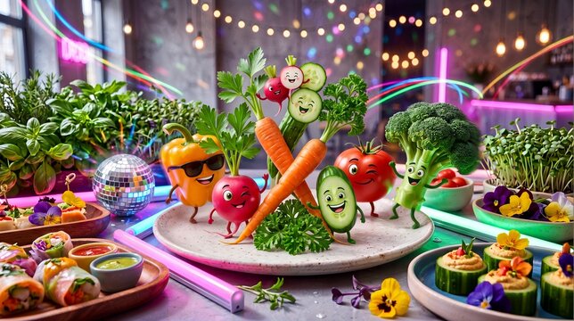 Dynamic, bright, and stylish premium photorealistic image. Unusual dancing vegetables and fresh greens party on the table like a disco. Each character is full of unique emotion, captured in vivid move
