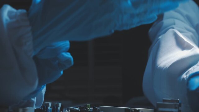 A close-up view of a technician wearing black gloves holding a computer processor chip while working on a laptop motherboard with a precision screwdriver.