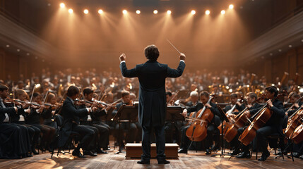 Fototapeta na wymiar Conductor leads a full symphony orchestra onstage in a grand concert hall under warm theatrical lights.