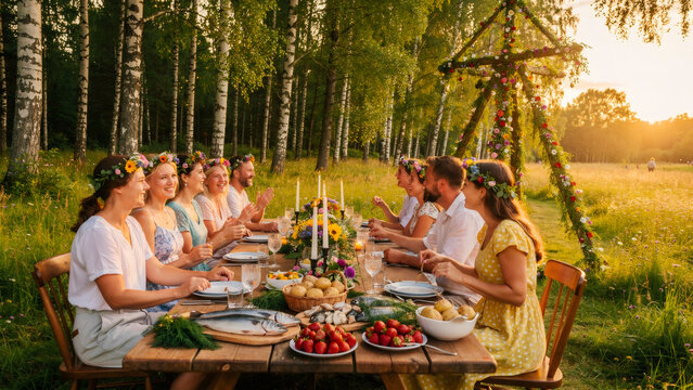 scene of a Swedish Midsommar midsummer celebration dinner party in summer. Long wooden table set outdoors in a lush green meadow with birch trees, flower crowns on guests 