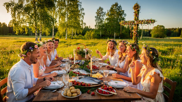 scene of a Swedish Midsommar midsummer celebration dinner party in summer. Long wooden table set outdoors in a lush green meadow with birch trees, flower crowns on guests 