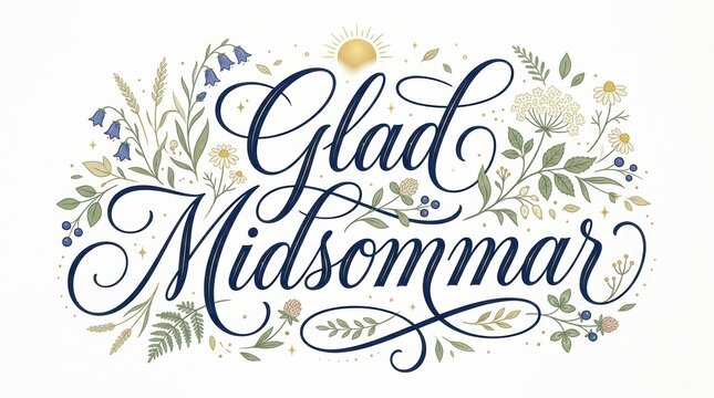 A sleek premium Scandinavian poster with huge &ldquo;Glad Midsommar&rdquo; calligraphy occupying nearly the entire composition, subtle floral decorations and golden sun accents, bright white background