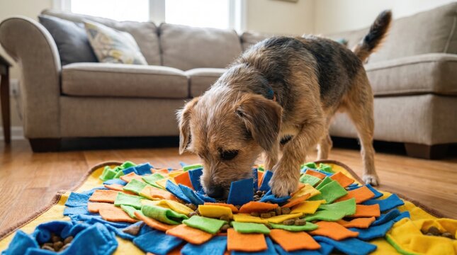 Cute terrier dog foraging for treats hidden inside colorful fabric snuffle mat in living room