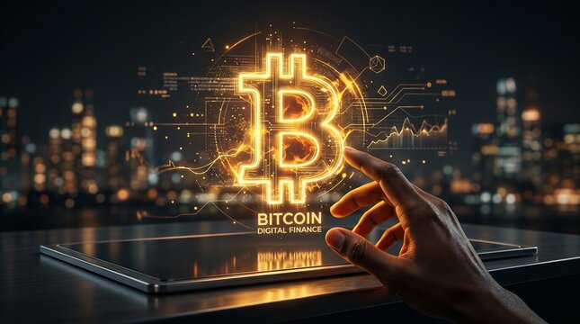 A glowing Bitcoin symbol being touched on a futuristic digital interface with a cityscape background