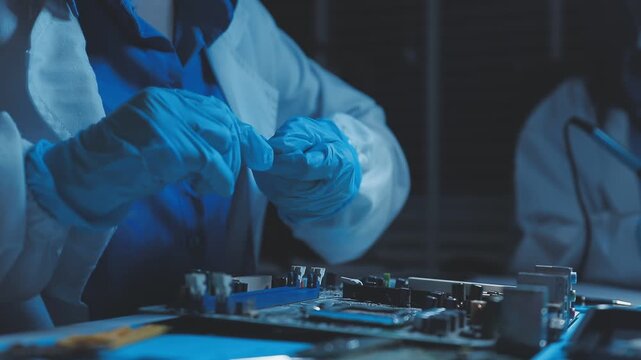 A close-up view of a technician wearing black gloves holding a computer processor chip while working on a laptop motherboard with a precision screwdriver.
