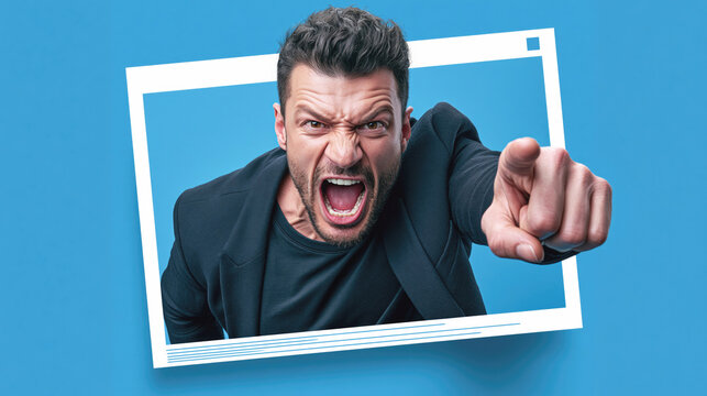 Aggressive man promotes services from a social media post, symbolizing online advertising, self-promotion, digital marketing and intrusive sales tactics.