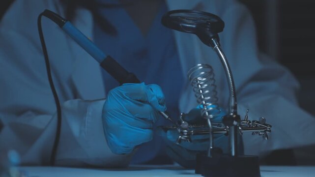 A close-up view of a technician wearing black gloves holding a computer processor chip while working on a laptop motherboard with a precision screwdriver.