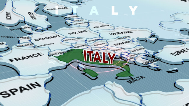 A 3D political map of Europe highlighting  ITALY, Italy map, Nearby countries like Spain, Germany, and France, Western Europe,