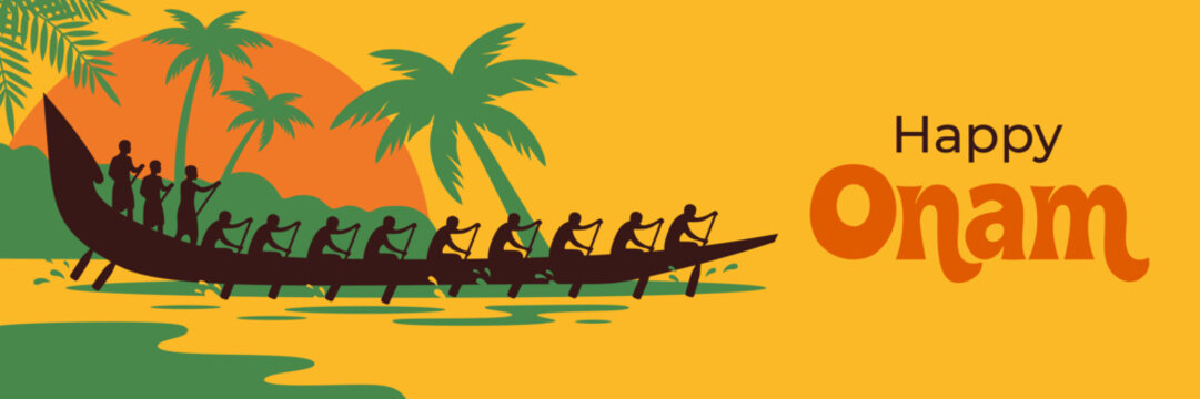 Silhouette of men rowing snake boat during Onam festival. Traditional boat race in Kerala with tropical palms and sunset background. Festive vector illustration for harvest celebration.