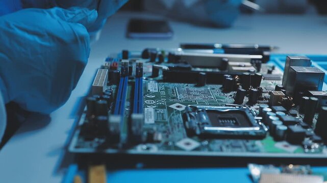 A close-up view of a technician wearing black gloves holding a computer processor chip while working on a laptop motherboard with a precision screwdriver.